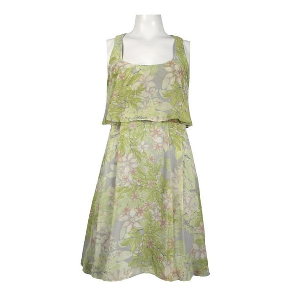 JESSICA SIMPSON U-SHAPED NECK TWO LAYER BOTANICAL PRINT CHIFFON DRESS
