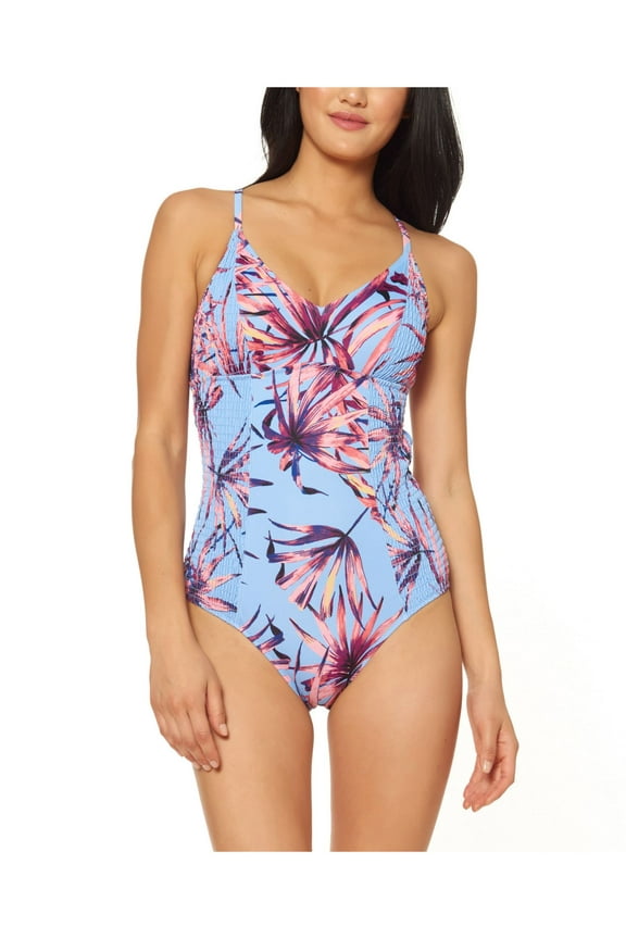 Women's Blue Palm Print Stretch Moderate Coverage Smocked Palmy Days One Piece Swimsuit S