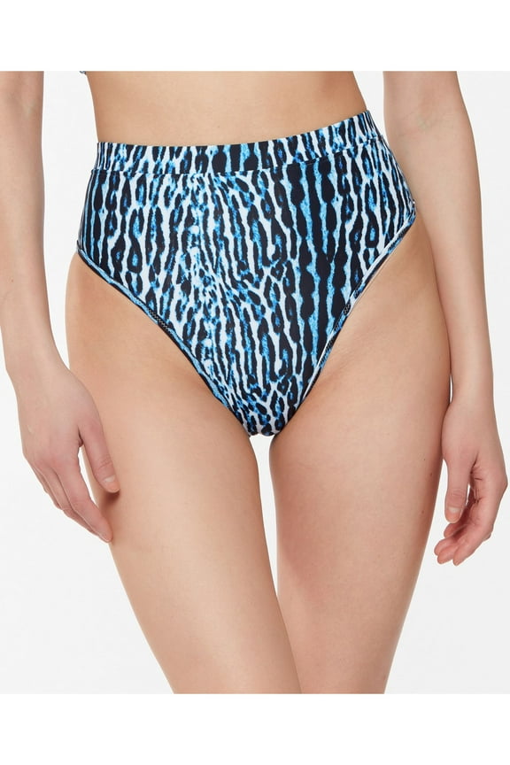 Women's Blue Printed Binded-Waist Full-Coverage Sassy Safari High Waisted Swimsuit Bottom L