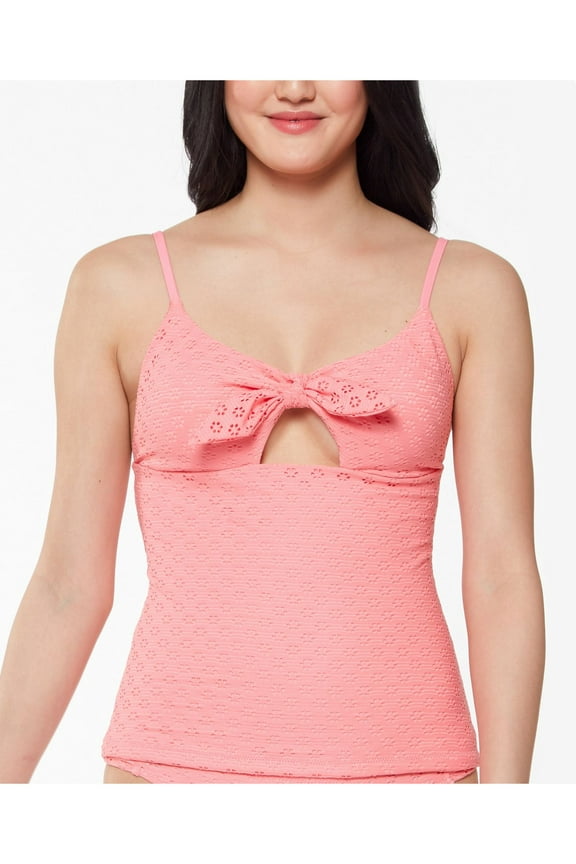 Women's Coral Eyelet Tie Front Removable Cups Cutout Adjustable Sweet Tooth Tankini Swimsuit Top M