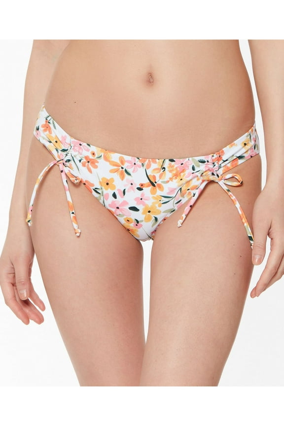 Women's Pink Floral Stretch Ruched Lined Full Coverage Tie Hipster Swimsuit Bottom S