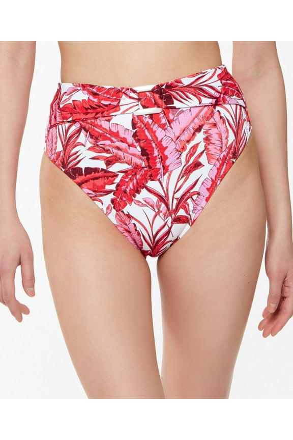 Women's Pink Printed Stretch O-Ring Unlined Full Coverage Paradiso Palm High Waisted Swimsuit Bottom XL