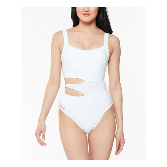 JESSICA SIMPSON Women's White Eyelet ASYMMETRICAL REMOVABLE CUPS Adjustable Tie Bralette One Piece Swimsuit S