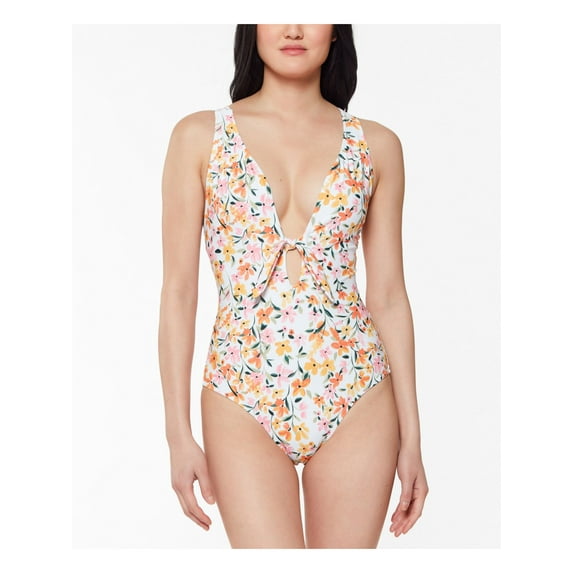 JESSICA SIMPSON Women's White Floral Stretch Removable Cups Lined Keyhole Deep V Neck Tie Summer Dreaming One Piece Swimsuit M