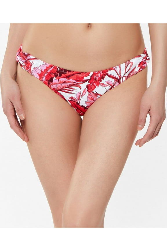 Women's White Palm Print Stretch Side-Twist Bikini Moderate Coverage Textured Paradiso Hipster Swimsuit Bottom M