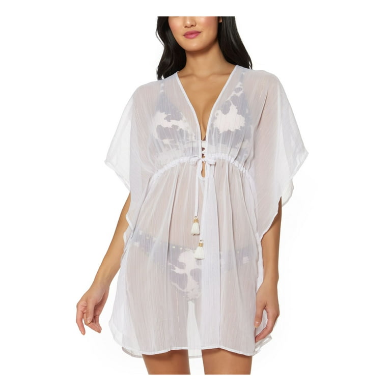 JESSICA SIMPSON Women s White Sheer Elbow Sleeve Caftan Deep V Neck Tie Swimsuit Cover Up L
