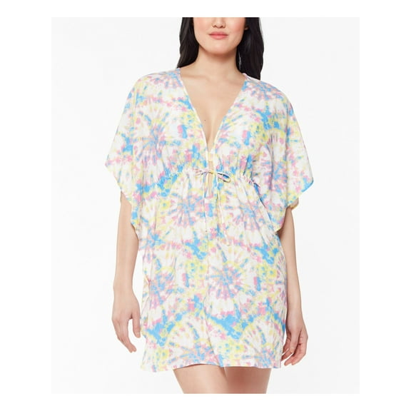 JESSICA SIMPSON Women's Yellow Tie Dye Self-tie Drawstring Waist Deep V Neck Swimsuit Cover Up L