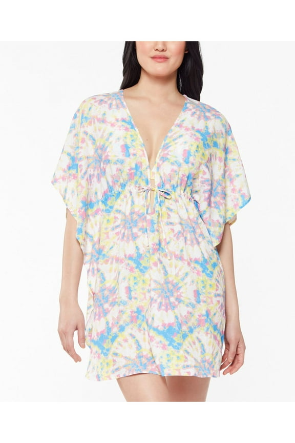 Women's Yellow Tie Dye Self-tie Drawstring Waist Deep V Neck Swimsuit Cover Up L