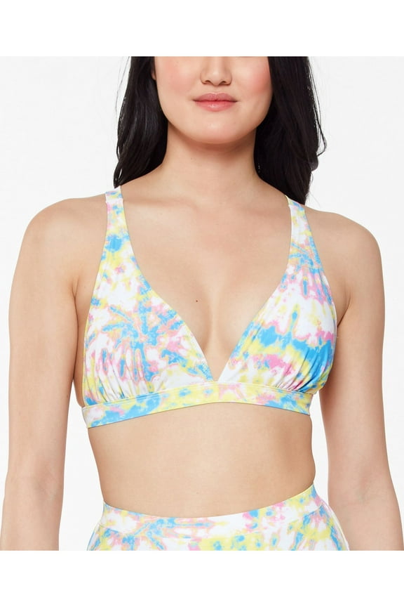 Women's Yellow Tie Dye Stretch Removable Cups Deep V Neck Tie Swimsuit Top M