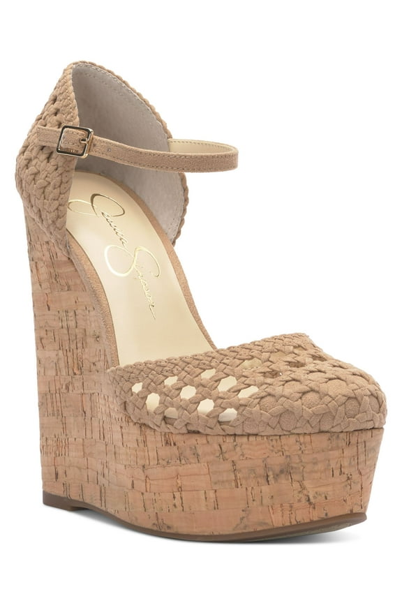 Womens Beige 2 Cork-Like Wedge Woven Cut Out Marshela Round Toe Wedge Buckle Heeled Sandal 10 M