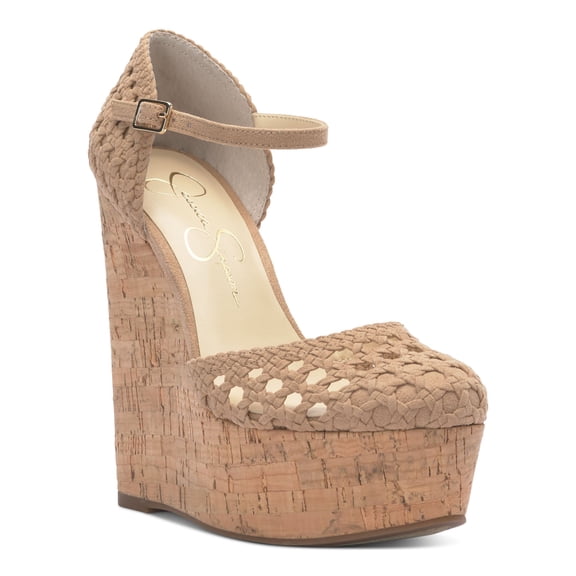 JESSICA SIMPSON Womens Beige 2 Cork-Like Wedge Woven Cut Out Marshela Round Toe Wedge Buckle Heeled Sandal 8.5 M
