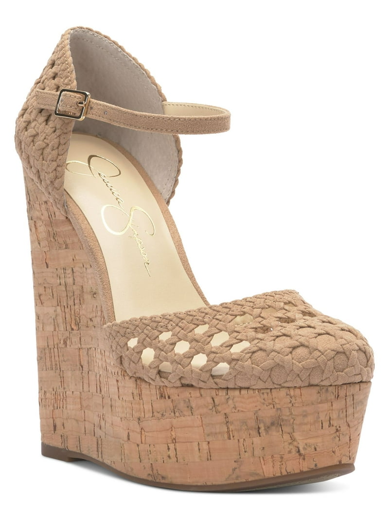 JESSICA SIMPSON Womens Beige Cork-Like Wedge Woven Cut Out