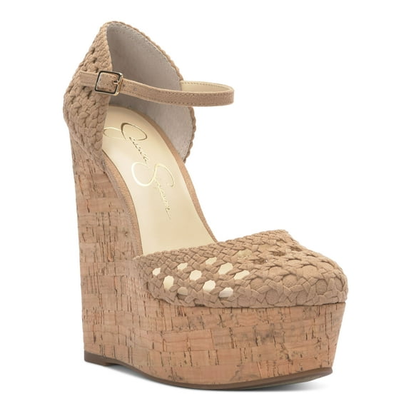 JESSICA SIMPSON Womens Beige 2 Cork-Like Wedge Woven Cut Out Marshela Round Toe Wedge Buckle Heeled Sandal 9 M