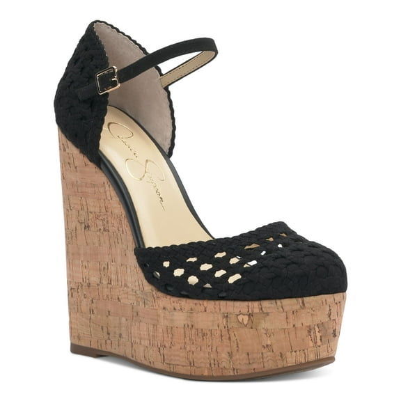 JESSICA SIMPSON Womens Black 2 Cork-Like Wedge Woven Cut Out Marshela Round Toe Wedge Buckle Dress Heeled Sandal 10 M