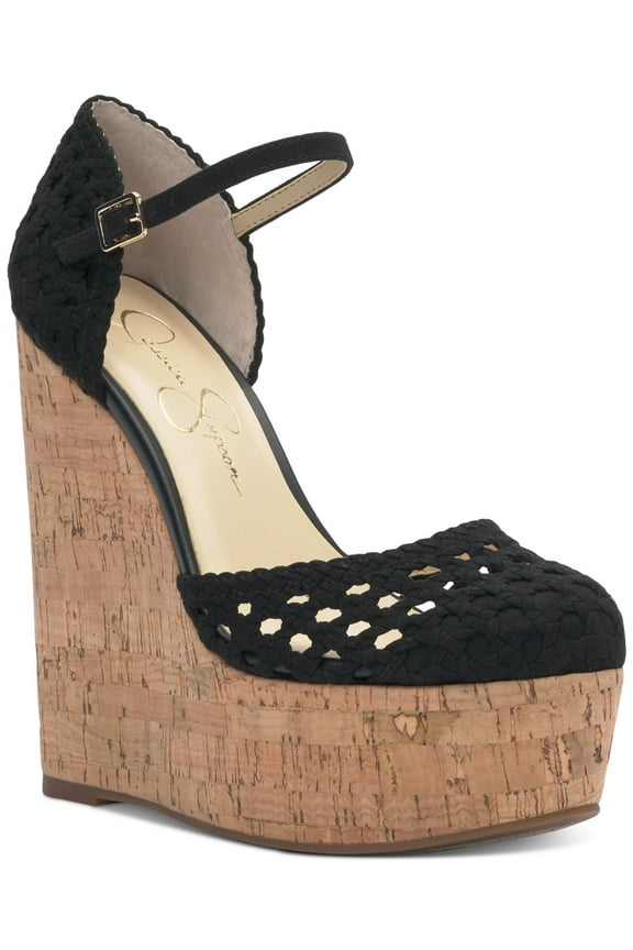 Womens Black 2 Cork-Like Wedge Woven Cut Out Marshela Round Toe Wedge Buckle Dress Heeled Sandal 11 M