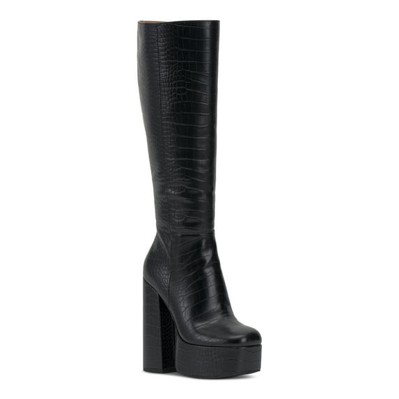 JESSICA SIMPSON Womens Black Animal Print 2 Inch Platform Goring Padded Samah Square Toe Block Heel Zip-Up Dress Boots 5.5 M