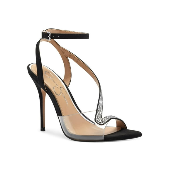 JESSICA SIMPSON Womens Black Glitter Embellished Adjustable Strap Asymmetrical Whitley Stiletto Buckle Dress Sandals 6 M