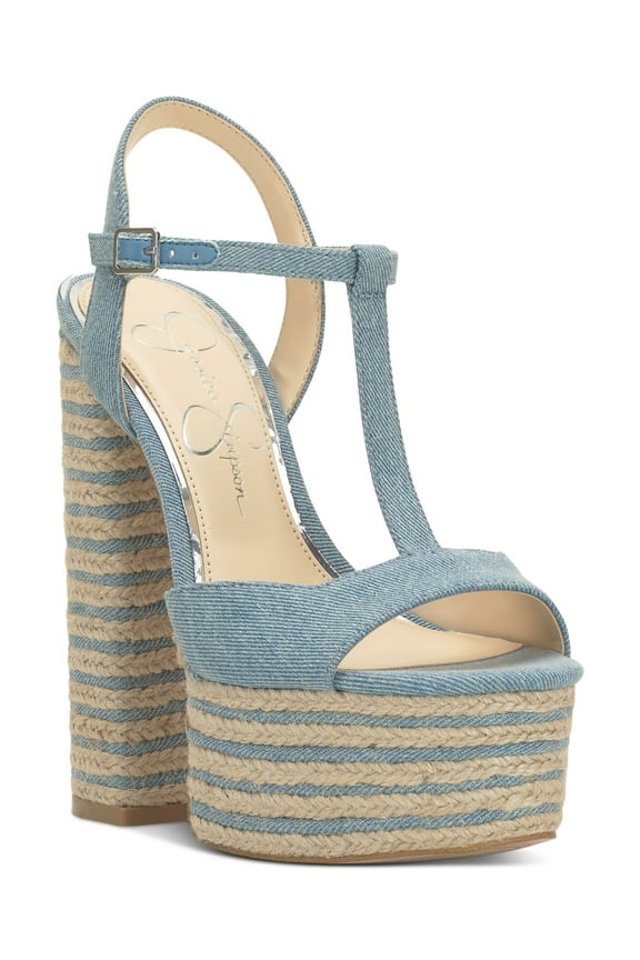 Womens Blue 1-1/2" Platform T-Strap Padded Ameeka Round Toe Block Heel Buckle Espadrille Shoes 9 M