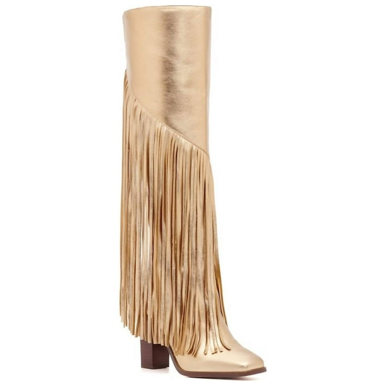 JESSICA SIMPSON Womens Gold Fringed Padded Asire Round Toe Stacked Heel Zip Up Leather Heeled Boots 6.5 M Walmart