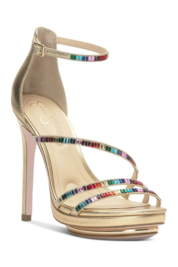 Womens Gold Mixed Media 1" Platform Asymmetrical Cushioned Embellished Ankle Strap Embla Round Toe Stiletto Buckle Dress Heeled Sandal 8.5 M