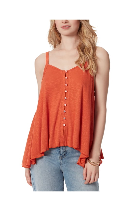 Womens Orange Ribbed Button Up Lettuce Trim Heather Sleeveless V Neck Tank Top L