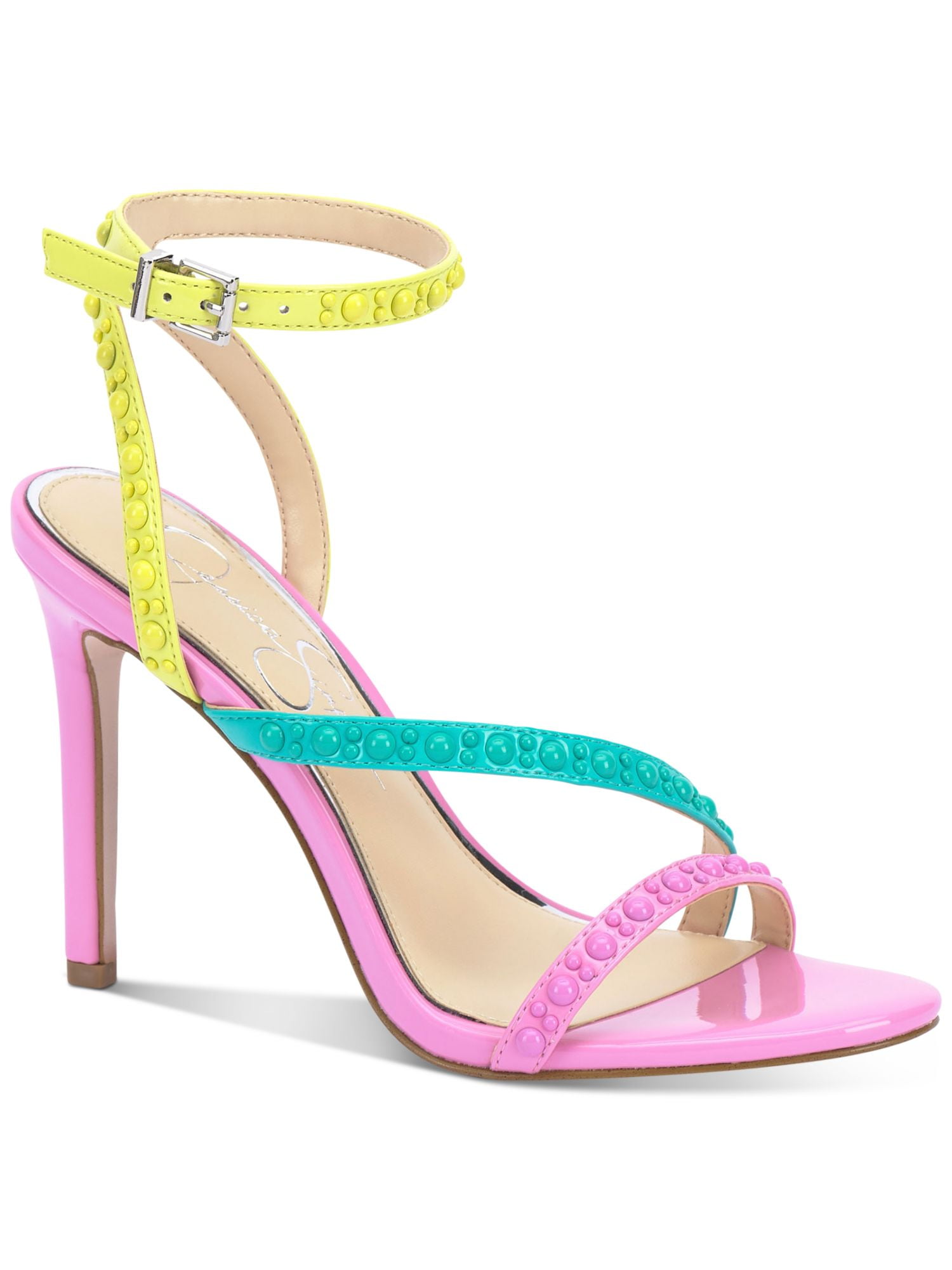AAJ BY AMINAH Womens Green Asymmetrical Strap Ankle Strap Padded Zayn Almond Toe Stiletto Buckle Dress Heeled M