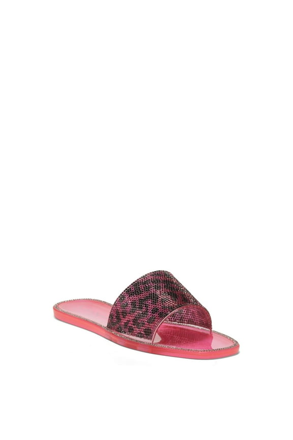 Womens Pink Cheetah Jelly Rhinestone Kassime Square Toe Slip On Slide Sandals 9 M
