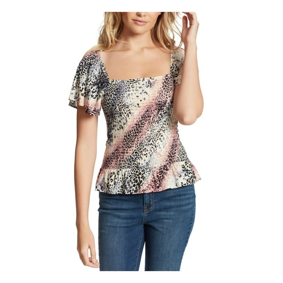 JESSICA SIMPSON Womens Pink Stretch Smocked Ruffled Relaxed Fit Animal Print Flutter Sleeve Square Neck Top Juniors XS