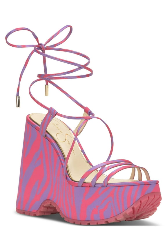 Womens Purple Animal Print 2" Platform Wrapping Ankle Padded Damazy Round Toe Wedge Lace-Up Heeled Sandal 9 M