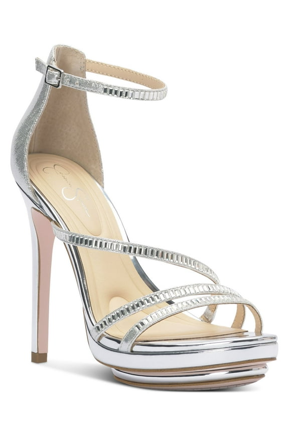 Womens Silver Mixed Media 1" Platform Asymmetrical Cushioned Embellished Ankle Strap Embla Round Toe Stiletto Buckle Dress Heeled Sandal 8.5 M