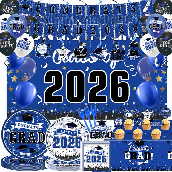 JESTAR 2026 Graduation Party Decorations Set, Backdrop, Banner, Ballons, Tablewares Set, Pack of 150, Black Blue