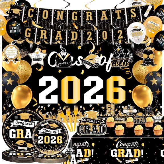 JESTAR 150Pcs Graduation Decorations 2026-Black and Gold Party Supplies, Class of 2026 Backdrop,Congrats Grad Banner, Tablecloth,Paper Plates, Forks, Napkins, Balloons & Cake Card for College High Sc