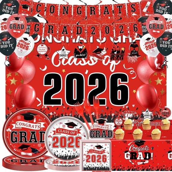 JESTAR 2026 Graduation Party Decorations Set, Backdrop, Banner, Ballons, Tablewares Set, Pack of 150, Black Red