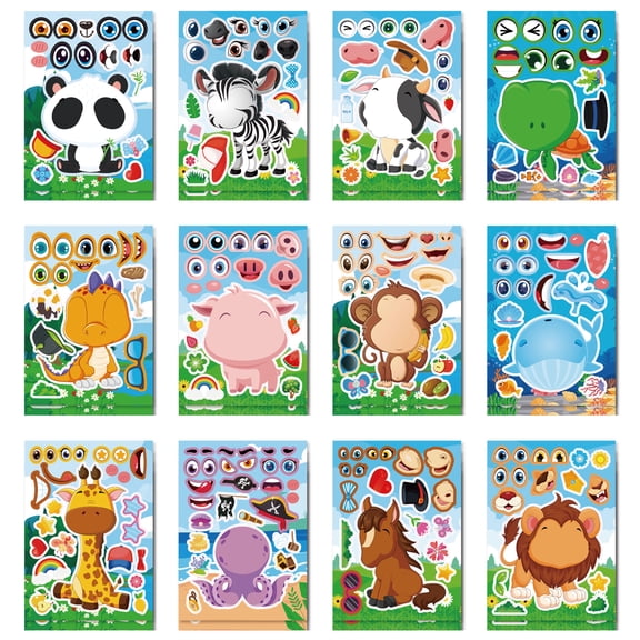 JESTAR 24 Pack Make a Face Animal Stickers for Kids, 12 DIY Cute Animal Sticker Sheets Party Favors Goodie Bag Fillers