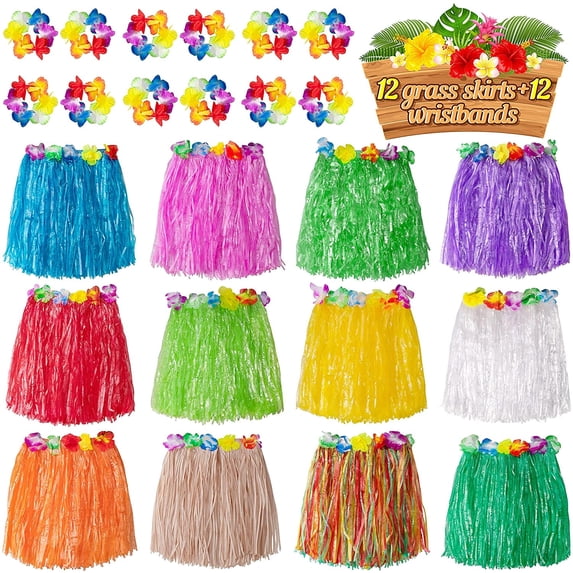 JESTAR 24-Piece Hawaiian Luau Party Set, Includes 12 Hula Grass Skirts and 12 Flower Wristbands, Adjustable Tropical Party Supplies for Adults and Kids