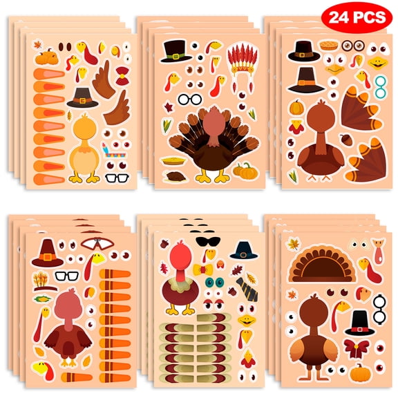 JESTAR 24Pcs Thanksgiving Turkey Stickers Make a Face DIY Craft for Kids Autumn Party Favors