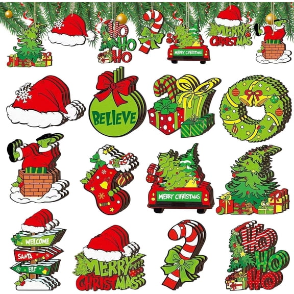 JESTAR 36 Pcs Wooden Green Monster Christmas Tree Ornaments Funny Holiday Hanging Xmas Tree Decorations Set