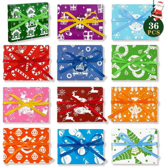 JESTAR 36PCS Christmas Fancy Foil Gift Card Holder Boxes with Ribbon, 4.5" x 3.25" x 0.4" Money Cash Envelopes Card Box for Gift Giving, Xmas Party Birthday Present Wrapping Decor, 12 Designs