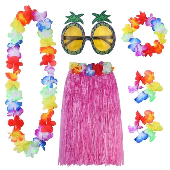 JESTAR 5 Pieces Grass Skirt Sunglasses Leis Necklace Bracelet Set Luau Decorations for Kids and Adults - Pink