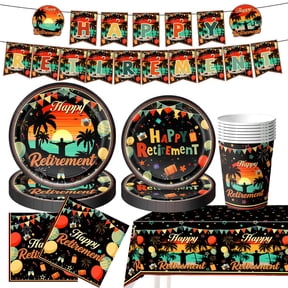 JESTAR 52Pcs Happy Retirement Party Decorations Supplies Set, Tropical Sunset Theme Tableware Kit for 10 Guests - Includes Plates, Napkins, Cups, Banner, Tablecloth for Men Women Office Farewell