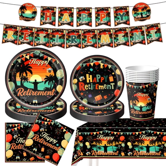 JESTAR 52Pcs Happy Retirement Party Decorations Supplies Set, Tropical Sunset Theme Tableware Kit for 10 Guests - Includes Plates, Napkins, Cups, Banner, Tablecloth for Men Women Office Farewell
