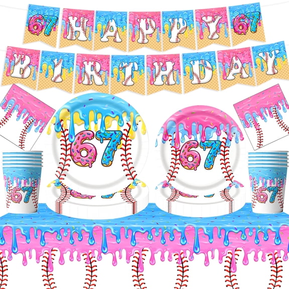 JESTAR Ice Cream Drip Baseball Party Decorations,6 7 Six Seven Baseball Theme Party Tableware Set Plates Napkins Cups Tableware Birthday Party Supplies with Birthday Banner,Serves 10 Guests