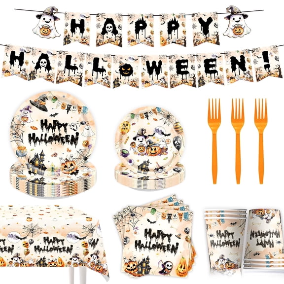 JESTAR 62Pcs Halloween Party Supplies Set Serves 10, Halloween Plates Napkins Cups Tablecloth Banner Decorations