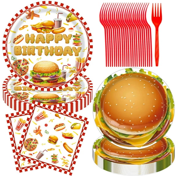 JESTAR 96 Pcs Hamburger Fast Food Happy Birthday Party Supplies | BBQ Themed Disposable Plates, Napkins & Red Forks Set | Serves 24 Guests for Summer Cookout & Picnic Decorations