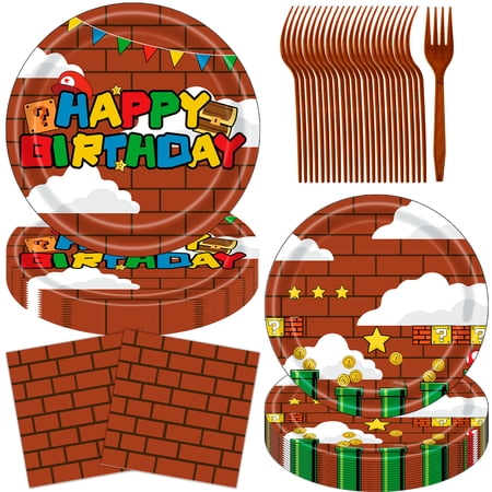 JESTAR 96 Pcs Party Supplies Set Plates Video Games Tablewear and Napkins Forks Super Brother Birthday Party Decorations for Kids Baby Shower Serves 24