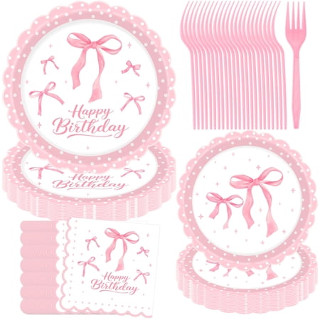 JESTAR 96Pcs Birthday Party Supplies for 24 Guests, Cute Pink Bow Theme for Girl Birthday