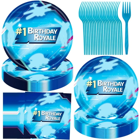 JESTAR 96Pcs Video Fort Game Blue Party Supplies Birthday Royale Tableware Set Gaming Party Plates and Napkins for Gamer Kids Boys Girls