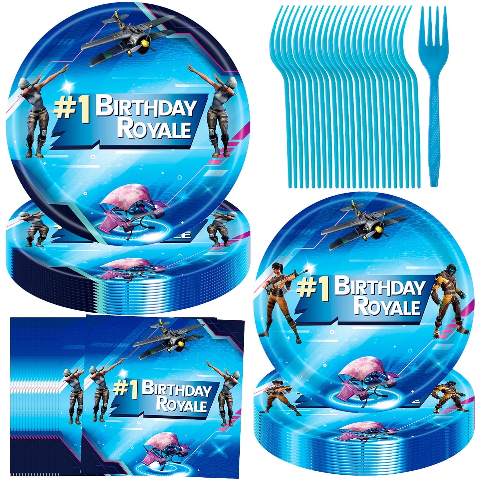 JESTAR 96Pcs Video Fort Game Blue Party Supplies Birthday Royale Tableware Set Gaming Party Plates and Napkins for Nite Gamer Kids Boys Girls