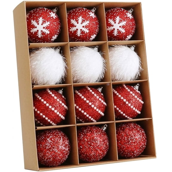 JESTAR Christmas Tree Ball Ornament Set 12pcs 70mm/2.75inch Red White Glittering Shatterproof Foam Christmas Ball Ornaments Xmas Tree Decor Holiday Decoration