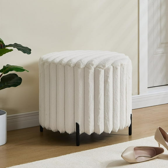 JESTOP 22.44"X16.93" Upholstered Round Ottoman Faux Fur Ottoman Coffee Table with Metal Legs Home Decor Foot Rest for Living Room & Bedroom